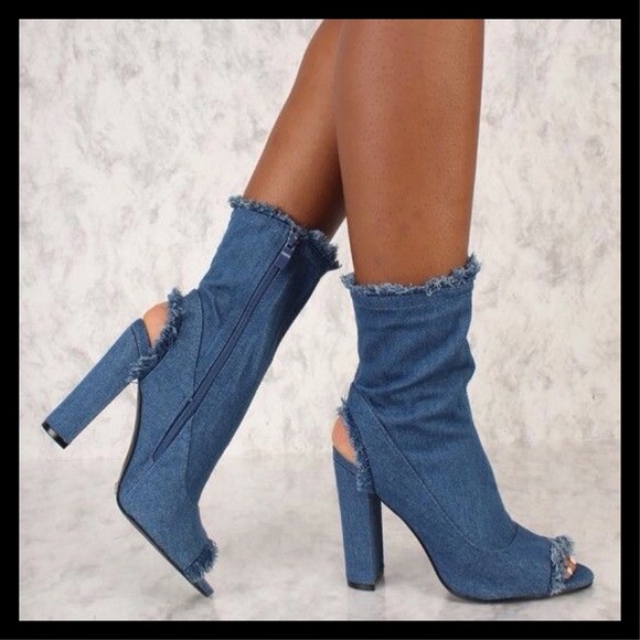 Distressed Denim Peep Toe Chunky Heel Booties - Picture 3 of 5